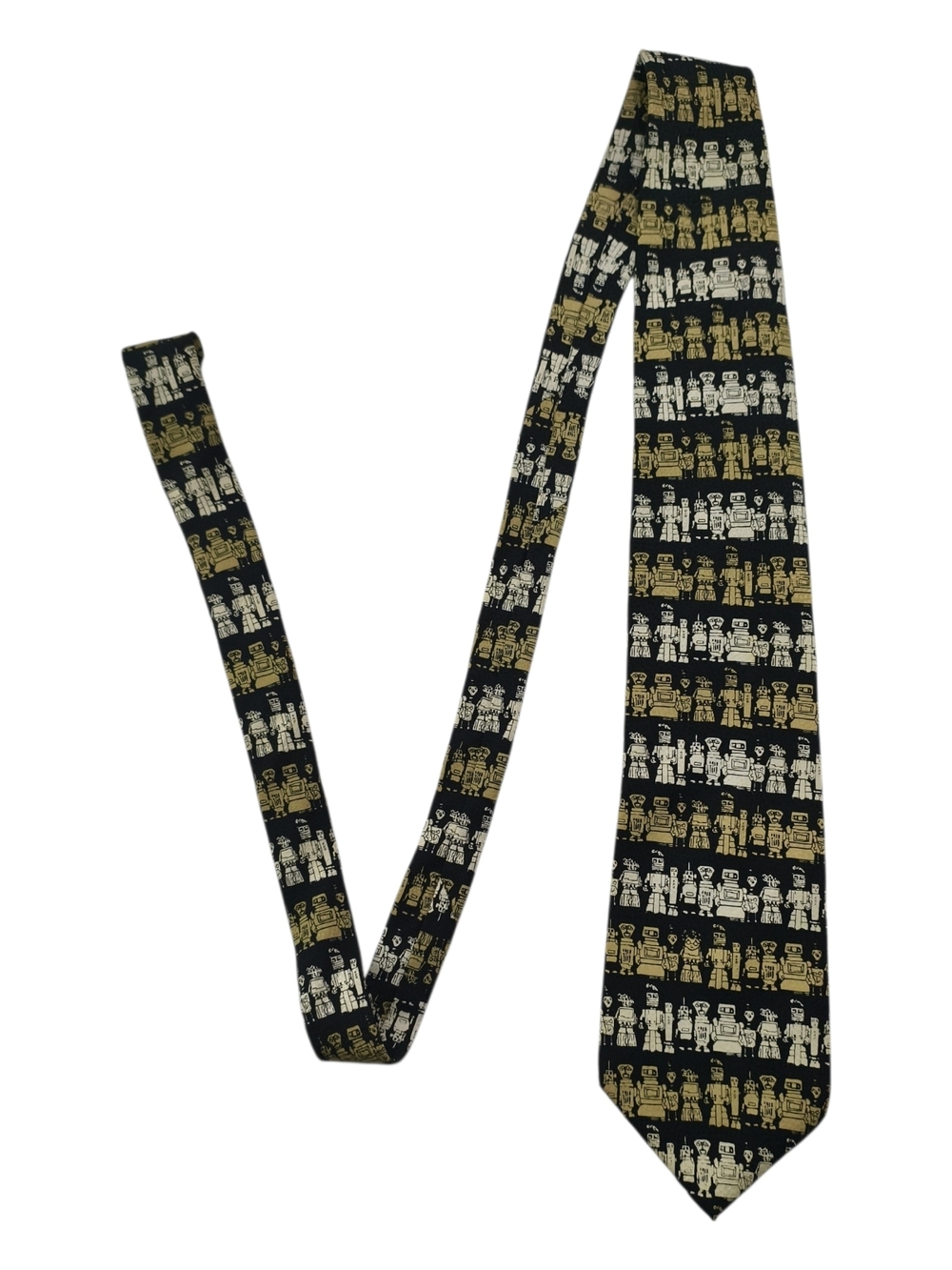 Vicky Davis Robot Print Silk Tie Black Gold Novelty Y2K Vintage